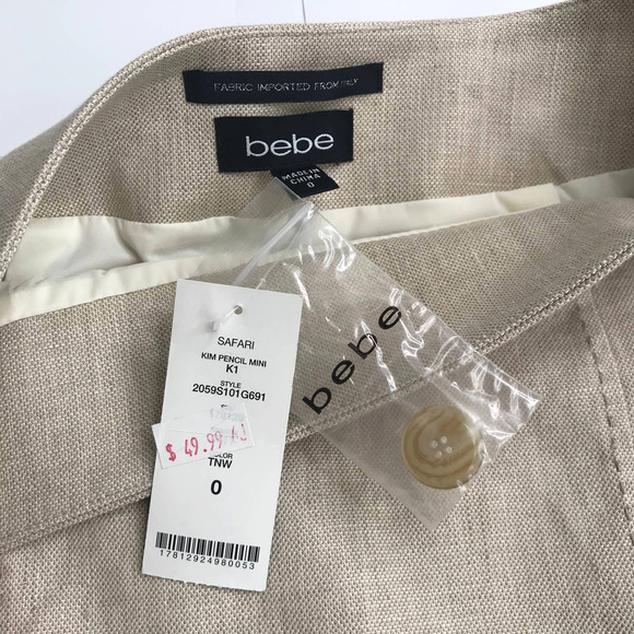 Bebe Mini Pencil Skirt Sz 0 Linen Blend NWT Tan Women Pocket Detail Straight - Picture 3 of 8